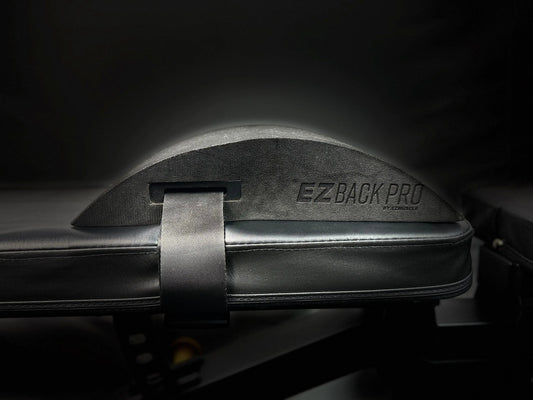 EZBack Pro Level 2 strap attached to a workout bench to support spinal alignment and improve posture during training