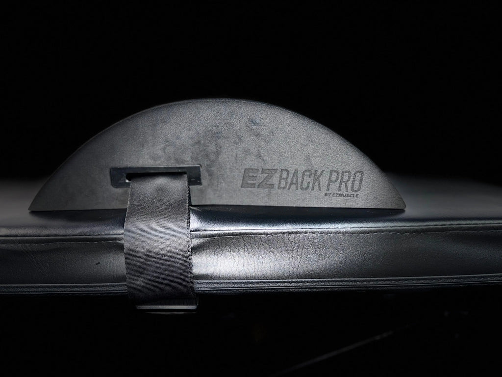 EZBack Pro Level 3 strap positioned on a flat workout bench, providing advanced posture support for experienced users during strength training