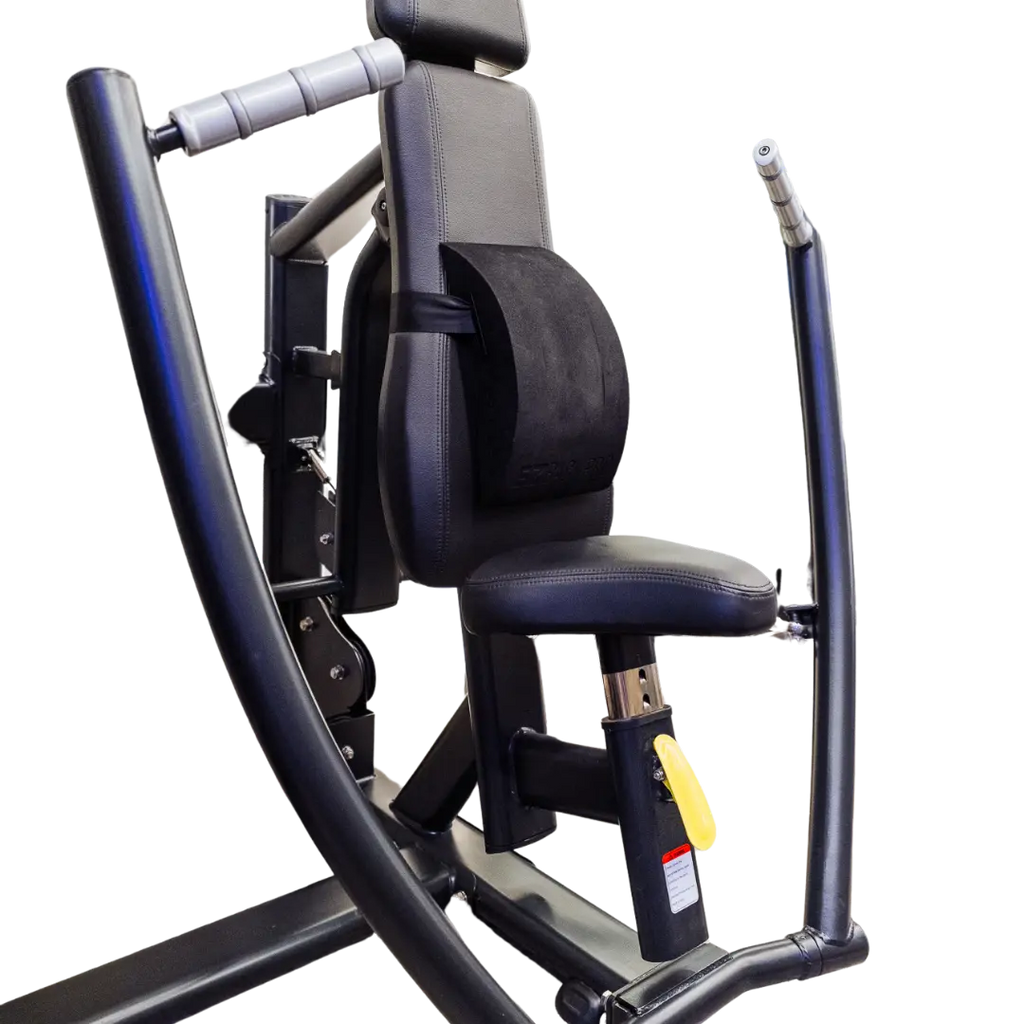 EZBack Pro Level 3 strap mounted vertically on a Matrix chest press machine to provide advanced back alignment and thoracic support during pressing movements.
